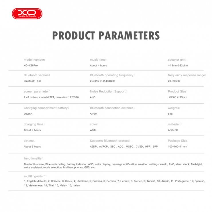 Imagine Casti wireless HF TWS cu Smart screen Alb, XO X36 Pro